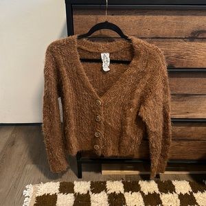 Sadie and Sage Tan Furry Button Down Sweater Small